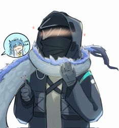 Rule 34 | 1girl, 1other, :3, ^^^, arknights, black coat, black gloves, blue hair, blush, chibi, closed mouth, coat, commentary request, doctor (arknights), dragon girl, dragon horns, dragon tail, closed eyes, gloves, heart, highres, hood, hood up, hooded coat, horns, korean commentary, ling (arknights), long sleeves, mask, open clothes, open coat, seung-aeja, simple background, tail, thumbs up, white background