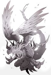Rule 34 | 1boy, angel wings, claws, closed mouth, closed eyes, feathered wings, feathers, granblue fantasy, greyscale, highres, long hair, male focus, monochrome, monster, parted lips, solo, tail, teeth, wings, yotsubaya
