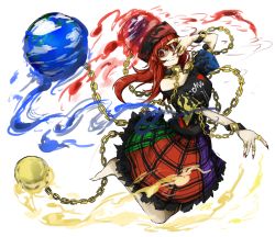 Rule 34 | 1girl, aura, bad id, bad pixiv id, barefoot, black shirt, chain, clothes writing, collar, earth (ornament), flame print, frilled skirt, frills, full body, gold chain, grin, hat, heart, hecatia lapislazuli, jewelry, kankan33333, legs up, long hair, looking at viewer, moon (ornament), multicolored clothes, multicolored skirt, off-shoulder shirt, off shoulder, red eyes, red hair, ring, shaded face, shirt, short sleeves, simple background, skirt, smile, solo, touhou, white background