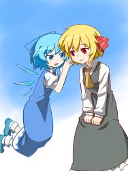 Rule 34 | 2girls, blonde hair, blush, cirno, floating, gradient background, highres, hihachi, multiple girls, rumia, simple background, touhou, whispering