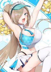 Rule 34 | 1girl, :d, absurdres, arm behind head, armpits, arms up, asuna (blue archive), blue archive, blue eyes, blue halo, blush, breasts, cheerleader, commentary request, crop top, detached collar, eyes visible through hair, hair over one eye, halo, highres, holding, holding pom poms, large breasts, leg up, light brown hair, long hair, looking at viewer, millennium cheerleader outfit (blue archive), miniskirt, mole, mole on breast, navel, open mouth, pom pom (cheerleading), pom poms, ryura (negi-mamire), skirt, smile, solo, star sticker, sticker on arm, sticker on face, sweat, thighhighs, very long hair, white skirt, white thighhighs