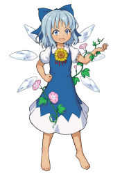 Rule 34 | 1girl, absurdres, barefoot, blue eyes, bow, cirno, dress, fang, flower, full body, gykleo, hair bow, hand on own hip, hidden star in four seasons, highres, ice, ice wings, looking at viewer, neck ribbon, open mouth, pinafore dress, plant, puffy short sleeves, puffy sleeves, red ribbon, ribbon, short hair, short sleeves, simple background, skin fang, sleeveless dress, smile, solo, sunflower, tan, tanned cirno, touhou, vines, white background, wings