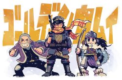 Rule 34 | &gt; o, 1girl, 2boys, asirpa, black hair, black jacket, black pants, blue eyes, boots, bow (weapon), closed mouth, fur boots, golden kamuy, grin, gun, holding, holding bow (weapon), holding weapon, jacket, long hair, looking at viewer, military, military uniform, multiple boys, ogata hyakunosuke, one eye closed, pants, rariatto (ganguri), red eyes, rifle, scar, scar on face, scar on nose, scarf, short hair, smile, sugimoto saichi, uniform, very short hair, weapon, yellow scarf