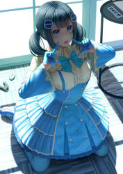 Rule 34 | 1girl, akano murasaki, black hair, blue bow, blue dress, blue eyes, blue gloves, blue legwear, blue skirt, bow, center frills, collared shirt, cosplay, dress, frilled skirt, frills, gloves, hair ornament, hair over shoulder, high-waist skirt, highres, index finger raised, indoors, kneeling, lolita fashion, long hair, long sleeves, looking up, low twintails, on floor, open mouth, original, pointing, pointing at self, red pupils, shirt, skirt, solo, suspender skirt, suspenders, twintails, white shirt, wide sleeves, wooden floor