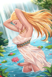 Rule 34 | 1girl, armpits, arms up, bare arms, blonde hair, breasts, caustics, closed eyes, commentary, cropped legs, dress, dutch angle, english commentary, erection, exlic, flower, futanari, highres, jewelry, lily (flower), lily pad, lips, long hair, medium breasts, necklace, nintendo, parted lips, patreon username, penis, plant, princess zelda, smile, solo, strapless, strapless dress, testicles, the legend of zelda, the legend of zelda: breath of the wild, tree, uncensored, wading, water, waterfall, white dress
