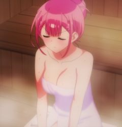 Rule 34 | 1girl, anime screenshot, bare shoulders, bokutachi wa benkyou ga dekinai, breasts, cleavage, collarbone, highres, kirisu mafuyu, large breasts, pink hair, screencap, stitched, third-party edit, towel