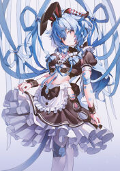 Rule 34 | 1girl, absurdres, animal ears, apron, black bow, black skirt, blue hair, blue nails, bow, crop top, fake animal ears, feet out of frame, frilled skirt, frills, ganyu (genshin impact), genshin impact, goat horns, hair between eyes, highres, hip vent, horns, indol, looking at viewer, maid, maid apron, midriff, nail polish, navel, parted lips, puffy short sleeves, puffy sleeves, purple eyes, rabbit ears, short sleeves, skirt, white apron, wrist cuffs