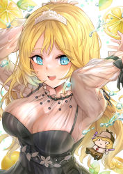 Rule 34 | 1girl, black dress, blonde hair, blue eyes, breasts, cleavage, commentary request, diamond earrings, dress, earrings, food, fruit, highres, hololive, hololive english, jewelry, large breasts, lemon, long hair, looking at viewer, mole, mole on breast, official alternate costume, open mouth, see-through, see-through sleeves, smol ame, solo, tattoo, upper body, virtual youtuber, watson amelia, watson amelia (party dress), yougenko