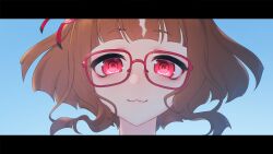 Rule 34 | 1girl, :3, blue background, brown hair, closed mouth, glasses, highres, letterboxed, looking at viewer, ningen3333, portrait, red eyes, short hair, smile, solo, straight-on, transcend (umamusume), umamusume