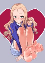 Rule 34 | 1girl, arm support, barefoot, bc freedom military uniform, blonde hair, blue jacket, blue vest, blush, closed mouth, commentary request, dress shirt, drill hair, feet, foreshortening, frown, full body, geregere (lantern), girls und panzer, green eyes, grey background, hand in own hair, heart, high collar, highres, jacket, hugging own legs, long hair, long sleeves, looking at viewer, marie (girls und panzer), military, military uniform, miniskirt, partial commentary, pleated skirt, shirt, sitting, skirt, solo, toes, uniform, vest, white shirt, white skirt