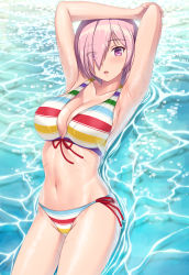 Rule 34 | 1girl, absurdres, bare shoulders, beach, bikini, breasts, cleavage, collarbone, fate/grand order, fate (series), hair over one eye, hammerman benkei, highres, large breasts, light purple hair, looking at viewer, lying, mash kyrielight, mash kyrielight (swimsuit of perpetual summer ver.02), multicolored bikini, multicolored clothes, navel, on back, open mouth, purple eyes, rainbow bikini, shore, short hair, solo, striped bikini, striped clothes, swimsuit, thighs