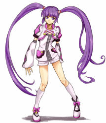 Rule 34 | 1girl, cropped jacket, detached sleeves, legs, long hair, official alternate costume, purple eyes, purple hair, shibasaki shouji, short shorts, shorts, solo, sophie (tales), tales of (series), tales of graces, twintails, very long hair, white background, white shorts
