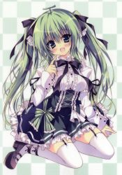 Rule 34 | 1girl, :d, absurdres, breasts, dress, garter straps, green eyes, green hair, herurun, highres, kneeling, long sleeves, matching hair/eyes, melon-chan, melonbooks, open mouth, smile, solo, thighhighs, twintails, white thighhighs