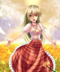 Rule 34 | 1girl, adapted costume, alternate hair color, alternate hair length, alternate hairstyle, ascot, bad id, bad pixiv id, blonde hair, blouse, blurry, cloud, cloudy sky, depth of field, field, flower, flower field, green hair, kazami yuuka, kazami yuuka (pc-98), long hair, looking at viewer, open mouth, plaid, plaid skirt, red eyes, shirt, short sleeves, skirt, sky, solo, touhou, wendell