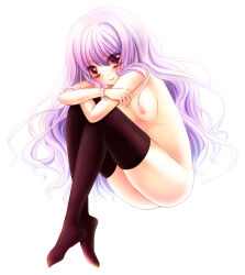 Rule 34 | 1girl, black thighhighs, blush, bracelet, breasts, brown eyes, commentary request, full body, gore screaming show, jewelry, knees to chest, long hair, looking at viewer, nipples, nude, purple hair, simple background, small breasts, smile, solo, thighhighs, white background, yuka (gore screaming show), yukina0902