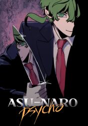 Rule 34 | 1boy, american psycho, black jacket, closed mouth, collared shirt, green eyes, green hair, holding, holding knife, jacket, kimi ga shine, knife, long sleeves, looking at viewer, low ponytail, midori (kimi ga shine), necktie, parody, red necktie, shirt, smile, solo, w5, white shirt, wing collar