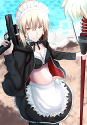 Rule 34 | 1girl, absurdres, alternate costume, apron, artoria pendragon (alter swimsuit rider) (fate), artoria pendragon (alter swimsuit rider) (second ascension) (fate), artoria pendragon (fate), bikini, black legwear, blonde hair, bow, bowtie, breasts, cleavage, detached collar, dress, enmaided, fate (series), frilled bikini, frilled dress, frills, gun, highres, jacket, jacket over swimsuit, lace, lace-trimmed bikini, lace trim, looking at viewer, maid, maid apron, medium breasts, monochrome, sand, shore, smile, solo, swimsuit, tsugikineko, v-shaped eyebrows, weapon, yellow eyes
