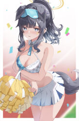 Rule 34 | 1girl, absurdres, animal ears, bare shoulders, black hair, blue archive, blue eyes, blush, breasts, cheerleader, cleavage, confetti, cowboy shot, crop top, dog ears, dog girl, dog tail, eyewear on head, halo, hibiki (blue archive), hibiki (cheer squad) (blue archive), highres, holding, holding pom poms, long hair, looking at viewer, medium breasts, millennium cheerleader outfit (blue archive), official alternate costume, open mouth, pom pom (cheerleading), pom poms, ponytail, ribbon, shinshia (sinsia 0928), sidelocks, skirt, solo, standing, star sticker, sticker on face, tail, text print, white skirt, yellow halo