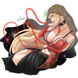 Rule 34 | 1girl, black skirt, black veil, blonde hair, breasts, crazy02oekaki, dress, fina (ffbe), final fantasy, final fantasy brave exvius, flower, from side, hair flower, hair ornament, highres, jewelry, large breasts, long hair, majin fina, navel, necklace, open mouth, red dress, red eyes, skirt, snake, solo, starry sky print, teeth, veil, war of the visions: final fantasy brave exvius, white background