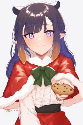 Rule 34 | 1girl, alternate costume, christmas, cookie, food, grey eyes, hat, highres, holding, holding cookie, holding food, hololive, hololive english, long hair, looking at viewer, ninomae ina&#039;nis, orinte, pointy ears, purple hair, santa costume, santa hat, smile, solo, tentacle hair, virtual youtuber