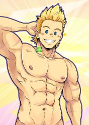 Rule 34 | 1boy, :d, abs, arm behind head, bara, blonde hair, blue eyes, blush, boku no hero academia, completely nude, grin, highres, kir (kir keropi), looking at viewer, male focus, muscular, muscular male, navel, nipples, nude, open mouth, pectorals, scar, scar on arm, short hair, sideburns, smile, solo, sparkle, spiked hair, stomach, togata mirio