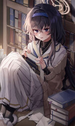 Rule 34 | 1girl, absurdres, black hair, blue archive, blue eyes, blue hairband, blush, book, book stack, bookshelf, bow, candle, cardigan, hair between eyes, hairband, halo, highres, jewelry, kim leeyoon, long hair, long sleeves, looking at viewer, neckerchief, necklace, quill, sailor collar, school uniform, serafuku, skirt, slippers, socks, solo, sweat, twintails, ui (blue archive), very long hair