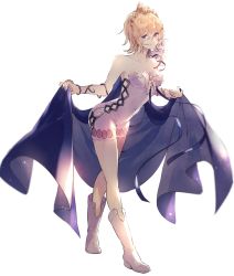 Rule 34 | 1girl, argyle, argyle clothes, argyle cutout, bare shoulders, blonde hair, blue cape, boots, breasts, cape, cleavage, clothing cutout, collarbone, commentary request, covered navel, dress, europa (granblue fantasy), flower, full body, granblue fantasy, hair between eyes, hair flower, hair ornament, highres, looking at viewer, medium breasts, peki gbf, pencil skirt, purple eyes, short hair, side cutout, skirt, smile, solo, standing, tiara, white background, white dress, white footwear
