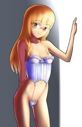 Rule 34 | 1girl, blonde hair, blush, breasts, cleavage, closed mouth, glasses, highres, lingerie, long hair, looking at viewer, navel, perrine h. clostermann, shiri chin, small breasts, solo, standing, strike witches, underwear, world witches series, yellow eyes