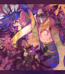 Rule 34 | 1girl, beubeu, black gloves, black shorts, blue hair, closed mouth, feet out of frame, flower, from side, gloves, hair flower, hair ornament, highres, league of legends, long hair, neeko (league of legends), pink flower, pink hair, shorts, solo