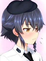 Rule 34 | 10s, 1girl, anzio school uniform, beret, black hair, black hat, black necktie, blush, braid, brown eyes, closed mouth, commentary request, dress shirt, embarrassed, flying sweatdrops, girls und panzer, half-closed eyes, hat, highres, light frown, long sleeves, looking to the side, necktie, partial commentary, pepperoni (girls und panzer), portrait, purple background, ruka (piyopiyopu), school uniform, shirt, short hair, side braid, solo, white shirt, wing collar