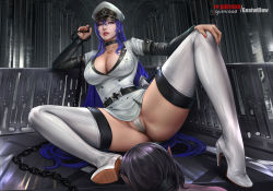 Rule 34 | 1boy, 1girl, akame ga kill!, ass, bad id, bad pixiv id, bdsm, black hair, blue eyes, bondage, booth seating, bound, breasts, chest tattoo, cleavage, esdeath, femdom, goatwillow, hat, holding, holding leash, large breasts, leash, long hair, looking at viewer, military, military uniform, open mouth, partially visible vulva, sword, tattoo, uniform, weapon
