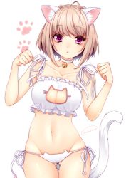 Rule 34 | 1girl, ahoge, animal ears, bell, blonde hair, cat cutout, cat ear panties, cat ears, cat lingerie, cat tail, choker, cleavage cutout, closed mouth, clothing cutout, collarbone, cowboy shot, eyebrows, frills, gluteal fold, groin, highres, jingle bell, looking at viewer, meme attire, navel, neck bell, original, panties, paw pose, paw print, purple eyes, sasakichi (ssk chi), short hair, side-tie panties, solo, stomach, tail, thigh gap, twitter username, underwear, underwear only, white background, white panties