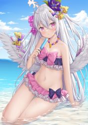 Rule 34 | 1girl, ahoge, azusa (blue archive), azusa (swimsuit) (blue archive), bikini, blue archive, breasts, cleavage, collarbone, food, hair between eyes, hair ornament, hairband, halo, highres, kinakon, looking at viewer, navel, popsicle, purple eyes, ribbon, silver hair, sky, small breasts, solo, swimsuit, wings