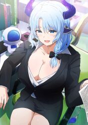 Rule 34 | 1girl, animal ears, black bow, black jacket, black skirt, blue eyes, blue hair, book, bow, breasts, cleavage, commission, cow ears, cow girl, cow horns, cow tail, desk, hair bow, highres, horns, indie virtual youtuber, jacket, keyboard (computer), large breasts, long hair, miilkywayz, misaki nonaka, mole, mole on breast, mole under eye, mouse (computer), mousepad (object), office lady, open mouth, paper, pencil skirt, shirt, sitting, skeb commission, skirt, solo, tail, virtual youtuber, white shirt