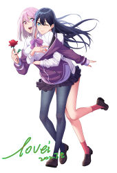 Rule 34 | 2girls, absurdres, black hair, black pantyhose, black skirt, bow, bowtie, breasts, brown footwear, chinese commentary, closed mouth, collared shirt, commentary request, dated, dress shirt, floating hair, flower, full body, gridman universe, hair between eyes, highres, holding, holding flower, hug, hug from behind, jacket, jovei, large breasts, loafers, long hair, long sleeves, multiple girls, off shoulder, one eye closed, open mouth, pantyhose, partially unzipped, pink hair, pink socks, pleated skirt, purple bow, purple bowtie, purple jacket, red flower, red rose, rose, shinjou akane, shirt, shoes, short hair, sidelocks, simple background, skirt, sleeves past wrists, socks, ssss.gridman, takarada rikka, teeth, upper teeth only, white background, white jacket, white shirt, yuri