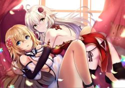 Rule 34 | 2girls, ahoge, ass, backless dress, backless outfit, bare legs, bare shoulders, black legwear, blonde hair, blue eyes, blush, breasts, brown eyes, brown gloves, butt crack, closed mouth, commentary request, curtains, day, detached sleeves, dress, elbow gloves, fate/grand order, fate (series), flower, girl on top, gloves, hair between eyes, hair flower, hair ornament, jeanne d&#039;arc (fate), jeanne d&#039;arc (ruler) (fate), jeanne d&#039;arc alter (avenger) (fate), jeanne d&#039;arc alter (fate), knee up, large breasts, long hair, long sleeves, looking at viewer, looking to the side, lying, multiple girls, on back, panties, pillow, red dress, red flower, red panties, rinringyo, side-tie panties, silver hair, sleeveless, sleeveless dress, sunlight, thighhighs, transparent, underwear, very long hair, white dress, white sleeves, window