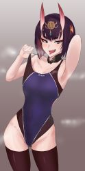 Rule 34 | 1girl, absurdres, alternate costume, armpits, bare shoulders, bob cut, collarbone, competition swimsuit, detached collar, eyeliner, fangs, fate/grand order, fate (series), groin, highres, horns, kasumi saika, makeup, one-piece swimsuit, oni, purple eyes, purple hair, short eyebrows, short hair, shuten douji (fate), skin-covered horns, solo, steaming body, swimsuit, thighhighs, tongue, tongue out
