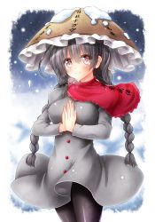 Rule 34 | 1girl, ajirogasa, black hair, black pantyhose, braid, breasts, breath, brown eyes, capelet, clothes writing, commentary request, cowboy shot, dress, eyes visible through hair, frilled hat, frills, grey dress, hair between eyes, hat, highres, large breasts, long hair, long sleeves, looking at viewer, osashin (osada), own hands together, pantyhose, red capelet, smile, snow, snowing, solo, touhou, twin braids, yatadera narumi