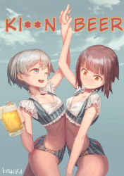 Rule 34 | 10s, 2girls, adapted costume, alcohol, arm up, artist name, ass, beer, beer mug, blue eyes, blush, brown eyes, brown hair, cloud, commentary request, cowboy shot, crop top, cup, day, dirndl, embarrassed, flat chest, german clothes, holding hands, hard-translated, highres, holding, holding cup, interlocked fingers, kantai collection, katahira (hiyama), mug, multiple girls, navel, oktoberfest, one eye closed, open mouth, short hair, short shorts, shorts, silver hair, smile, standing, text focus, third-party edit, translated, z1 leberecht maass (kancolle), z3 max schultz (kancolle)