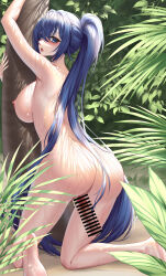 Rule 34 | 1boy, 1girl, :o, absurdres, against tree, arm up, ass, azur lane, beach, blue eyes, blue hair, blush, breast press, breasts, censored, completely nude, day, disembodied penis, embarrassed, exhibitionism, from behind, full body, hands up, hetero, highres, ichikushi mojibake, imminent penetration, imminent vaginal, kneeling, large breasts, long hair, looking at viewer, looking back, new jersey (azur lane), new jersey (midsummer leisure) (azur lane), nipples, nude, open mouth, outdoors, palm tree, penis, ponytail, public indecency, sideboob, solo focus, teeth, thighs, tree, upper teeth only, very long hair, wet