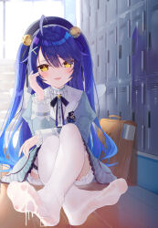 Rule 34 | 1girl, ahoge, amamiya kokoro, bell, blue bow, blue bowtie, blue dress, blue hair, blue headwear, blurry, blurry background, blush, bow, bowtie, choker, collared dress, crossed ankles, cum, cum on body, cum on clothes, cum on feet, cumdrip, dorsiflexion, dress, eyelashes, fang, feet, foot focus, foreshortening, frilled choker, frilled dress, frills, full body, getabako, hair bell, hair intakes, hair ornament, hair over one eye, highres, indoors, juliet sleeves, knees up, kou futoshi, legs, long hair, long sleeves, looking at viewer, nijisanji, no shoes, on ground, paid reward available, parted bangs, puffy sleeves, school uniform, sidelocks, sitting, skin fang, soles, solo, thigh strap, thighhighs, toes, torn clothes, torn thighhighs, very long hair, virtual youtuber, white thighhighs, wings, wooden floor, x hair ornament, yellow eyes