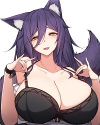 Rule 34 | 1girl, absurdres, animal ear fluff, animal ears, bell, black bra, bra, bracelet, breasts, cleavage, collarbone, commission, fox ears, fox girl, fox tail, hair between eyes, highres, jewelry, jingle bell, large breasts, long hair, looking at viewer, open mouth, original, pixiv commission, purple hair, rikuguma, simple background, smile, solo, tail, underwear, upper body, white background