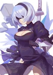 Rule 34 | 1girl, black dress, black gloves, blindfold, breasts, cleavage, cleavage cutout, clothing cutout, dress, gloves, hairband, highres, nier (series), nier:automata, panties, pod (nier:automata), puffy short sleeves, puffy sleeves, red cucumber, short hair, short sleeves, silver hair, solo, sword, underwear, weapon, white panties, 2b (nier:automata)