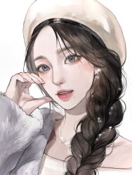 Rule 34 | 14 hao qu qi, 1girl, aespa, asian, beret, black hair, blue eyes, blush, braid, chinese commentary, coat, collarbone, earrings, fur coat, grey coat, hair over shoulder, hat, heart, heart necklace, highres, jewelry, k-pop, karina (aespa), long hair, looking at viewer, mole, mole under eye, nail polish, necklace, off shoulder, pink nails, real life, realistic, smile, solo, twitter username, white background, white hat