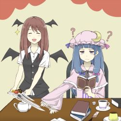 Rule 34 | 2girls, :d, ?, ^ ^, bad id, bad pixiv id, bat wings, blunt bangs, blush, book, bookmark, bow, buttons, capelet, chair, closed eyes, collared shirt, commentary request, confused, crescent, cup, doughnut, dress, food, frown, hair ribbon, hat, hat bow, hat ribbon, head wings, holding, holding book, koakuma, long hair, low-tied long hair, macaron, mob cap, mrp, multiple girls, open book, open mouth, patchouli knowledge, plate, pudding, purple dress, purple eyes, purple hair, reaching, reading, red hair, ribbon, saucer, shirt, short sleeves, sidelocks, simple background, sitting, skirt, skirt set, smile, standing, striped clothes, striped dress, table, teacup, teapot, theft, touhou, tress ribbon, vertical stripes, vest, white shirt, wings, yellow background