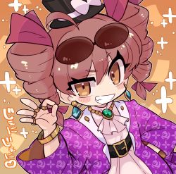 Rule 34 | 1girl, ahoge, ascot, belt, black hat, blush stickers, bow, bracelet, brown eyes, brown hair, chibi, dangle earrings, dress, drill hair, earrings, eyewear on head, grin, hair bow, hand on own hip, hand up, harunori (hrnrx), hat, hat bow, highres, jacket, jewelry, long sleeves, looking at viewer, medium hair, money gesture, necklace, orange background, pink dress, purple jacket, red bow, ring, smile, solo, sunglasses, top hat, touhou, translation request, twin drills, twitter username, upper body, white bow, yorigami jo&#039;on