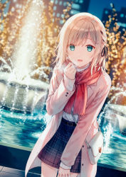 Rule 34 | 1girl, :d, bag, black ribbon, blue skirt, blurry, blurry background, braid, breath, brown hair, building, coat, commentary request, depth of field, fountain, green eyes, hair ribbon, hand on own thigh, hand up, hashimoto sana, highres, hiten (hitenkei), long sleeves, looking at viewer, night, open clothes, open coat, open mouth, original, outdoors, pink coat, ribbon, shirt, shoulder bag, skirt, skyscraper, sleeves past wrists, smile, solo, water, white shirt