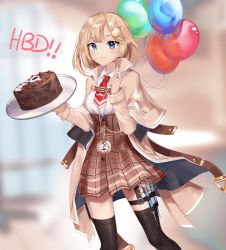 Rule 34 | 1girl, absurdres, balloon, blonde hair, blue eyes, blurry, blurry background, breasts, cake, capelet, collared shirt, commentary, dayshiart, english commentary, food, happy birthday, high-waist skirt, highres, holding, holding balloon, holding tray, hololive, hololive english, medium breasts, medium hair, pocket watch, shirt, shirt tucked in, skirt, smile, solo, syringe, thigh strap, thighhighs, tray, virtual youtuber, watch, watson amelia, watson amelia (1st costume), white shirt