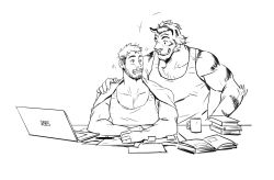 Rule 34 | 2boys, animal ears, bara, book, book stack, borrowed clothes, coffee mug, computer, couple, cup, drooling, facial hair, furry, furry male, furry with non-furry, greyscale, hand on another&#039;s shoulder, highres, interspecies, jacket, jacket on shoulders, laptop, male focus, mature male, monochrome, mouth drool, mug, multiple boys, muscular, muscular male, nick300, original, pectoral cleavage, pectorals, short hair, sideburns, sleeping, smile, stubble, tank top, tiger boy, tiger ears, undercut, waking up, yaoi