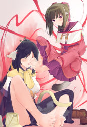 Rule 34 | 2girls, absurdly long hair, age difference, animal ears, aquaplus, arms behind back, bare legs, barefoot, black hair, blush, boots, breasts, brown hair, cat tail, closed mouth, unworn clothes, dress, feet, hair between eyes, hair over one eye, hair ribbon, held up, high ponytail, highres, kou futoshi, kuon (utawarerumono), layered sleeves, long hair, long sleeves, looking at viewer, medium breasts, mole, mole under eye, multiple girls, nekone (utawarerumono), open mouth, ponytail, raised eyebrows, red eyes, restrained, ribbon, scarf, side slit, sidelocks, sitting, small breasts, spread legs, suspension, swept bangs, tail, thighs, twintails, utawarerumono, utawarerumono: itsuwari no kamen, variations, very long hair, yellow eyes, yellow scarf